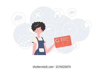 Internet of Things and Automation Concept. A woman holds a panel with analyzers and indicators in her hands. Good for websites and presentations. Vector illustration in trend flat style.