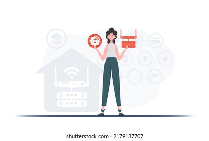 Internet of things and automation concept. A woman is holding an internet thing icon in her hands. Router and server. Good for presentations and websites. Trendy flat style. Vector illustration.