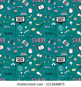 Internet of Things Background. Doodle Cloud Computing Technology and Social Media Icons Vector Seamless Pattern