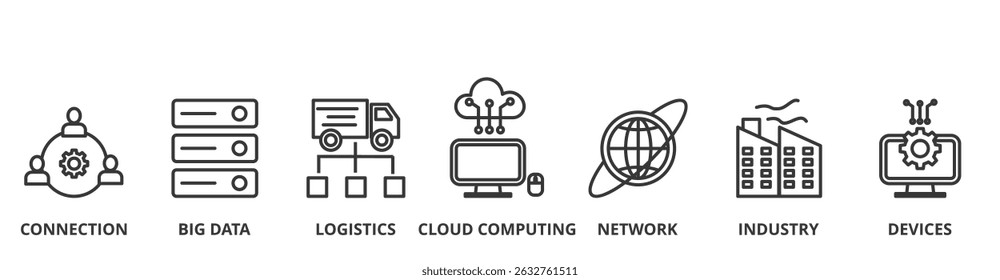Internet of things banner vector illustration concept with icon of connecting, big data, logistics, cloud computing, network,industry and devices
