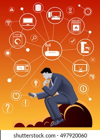 Internet of things business concept. Pensive businessman in business suit with smart phone sitting on the cloud trying smart home concept and developing business strategy for new business field.