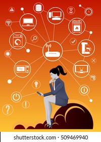 Internet of things business concept. Pensive business woman in business suit with smart phone sitting on the cloud trying smart home concept and developing business strategy for new business field.