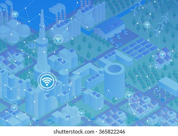 Internet of things, city and buildings, sensor network, abstract image vector illustration