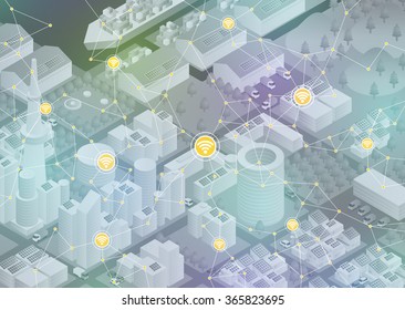 Internet of things, city and buildings, sensor network, abstract image vector illustration