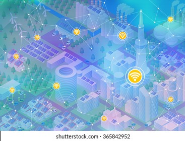 Internet of things, city and buildings, sensor network, abstract image vector illustration