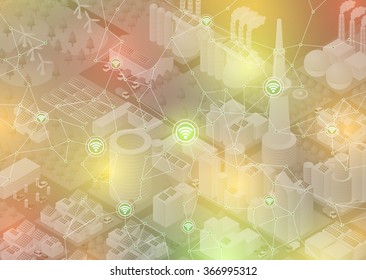 Internet of things, city and buildings, sensor network, abstract image vector illustration