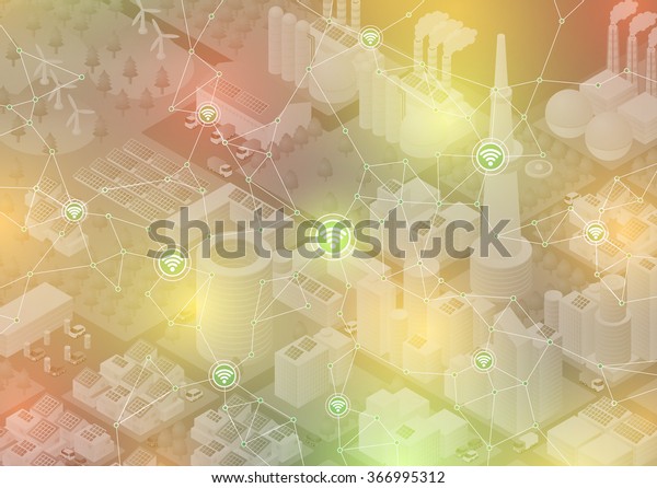 Internet of things, city and\
buildings, sensor network, abstract image vector\
illustration