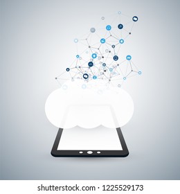 Internet of Things, Cloud Computing Design Concept with Tablet PC and Icons - Digital Network Connections, Technology Background