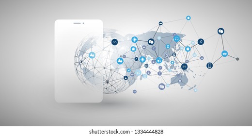 Internet of Things, Cloud Computing Design Concept with Smartphone and Icons - Digital Network Connections, Technology Background