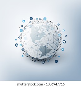 Internet of Things, Cloud Computing Design Concept with Earth Globe and Icons - Digital Network Connections, Technology Background