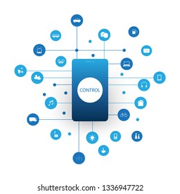 Internet of Things, Cloud Computing Design Concept with Mobile Phone Silhouette and Icons - Digital Network Connections, Technology Background