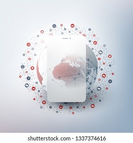 Internet of Things, Cloud Computing Design Concept with Earth Globe, Mobile Phone Silhouette and Icons - Digital Network Connections, Technology Background