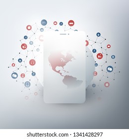 Internet of Things, Cloud Computing Design Concept with Earth Globe, Mobile Phone Silhouette and Icons - Digital Network Connections, Technology Background 