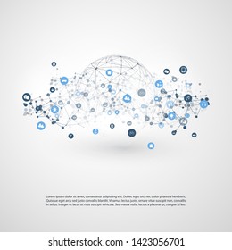 Internet of Things, Cloud Computing Design Concept with Wireframe and Icons - Global Digital Network Connections, Smart Technology Concept