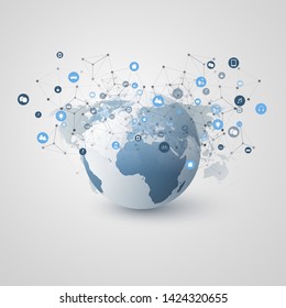 Internet of Things, Cloud Computing Design Concept with Earth Globe and Icons - Global Digital Network Connections, Smart Technology Concept