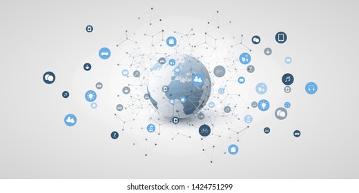 Internet of Things, Cloud Computing Design Concept with Earth Globe and Icons - Global Digital Network Connections, Smart Technology Concept