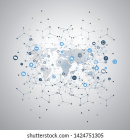 Internet of Things, Cloud Computing Design Concept with World Map, Wireframe and Icons - Global Digital Network Connections, Smart Technology Concept
