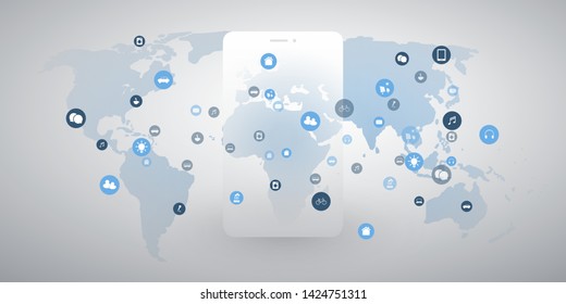 Internet of Things, Cloud Computing Design Concept with World Map, Smartphone Silhouette and Icons - Global Digital Network Connections, Smart Technology Concept