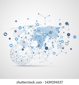 Internet der Dinge, Cloud-Computing-Konzept mit Wireframe, Weltkarte und Symbole - Globale digitale Netzwerkanschlüsse, Konzept für intelligente Technologie 