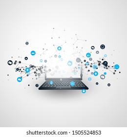 Internet of Things, Cloud Computing Design Concept with Icons and Laptop Computer - Digital Network Connections, Technology Background