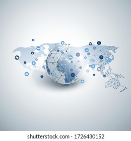 Internet of Things, Cloud Computing Design Concept with Wireframe, Earth Globe and Icons - Global Digital Network Connections, Smart Technology Concept
