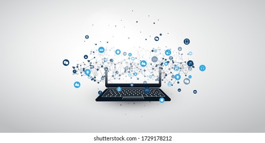 Internet of Things, Cloud Computing Design Concept with Icons and Laptop Computer - Digital Network Connections, Technology Background
