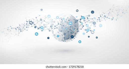Internet of Things, Cloud Computing Design Concept with Earth Globe, Wireframe and Icons - Global Digital Network Connections, Smart Technology Concept
