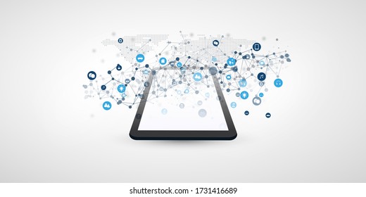Internet das Coisas, Cloud Computing Design Concept com Ícones e Tablet PC - Conexões de Rede Digital, Tecnologia de Fundo
