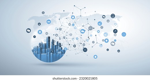 Internet de las cosas, Cloud Computing Design Concept con Globe transparente, City, World Map y Icons Representation Devices and Services - Global Digital Network Connections, Smart Technology Concept