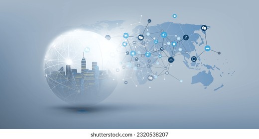 Internet of Things, Cloud Computing Design Concept with Transparent Globe, City, World Map and Icons Representing Devices and Services - Global Digital Network Connections, Smart Technology Concept
