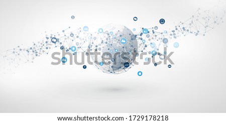 Internet of Things, Cloud Computing Design Concept with Earth Globe, Wireframe and Icons - Global Digital Network Connections, Smart Technology Concept
