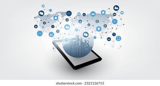 Internet of Things, Cloud Computing, Smart City Design Concept with Service Icons, Tablet PC, Globe with City Inside and World Map - Global Digital Mobile Network Connections, Technology Background