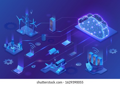 Internet of things cloud infographic, neon blue isometric 3d illustration with smart technology icons, computer network, night glowing background