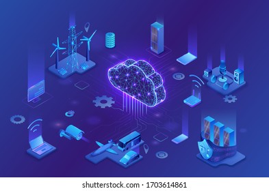 Internet of things cloud infographic, neon blue isometric 3d illustration with smart technology icons, computer network, night glowing background