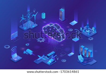 Internet of things cloud infographic, neon blue isometric 3d illustration with smart technology icons, computer network, night glowing background