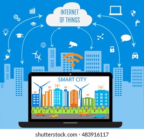 Internet of things and cloud network concept with different icon and elements.  Smart City and Internet of things.