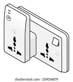 Internet of things: a cloud-connected socket adapter connected to an AC wall power point. International, universal.