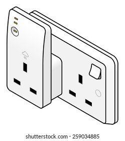 Internet of things: a cloud-connected socket adapter connected to an AC wall power point. UK, Malaysia, Singapore.