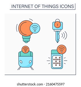 Internet of things color icons set. Smart train, speaker, lighting, key. Internet smart technologies concept. Isolated vector illustrations