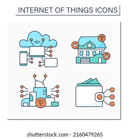 Internet of things color icons set. Smart home and city, digital wallet. Internet smart technologies concept. Isolated vector illustrations
