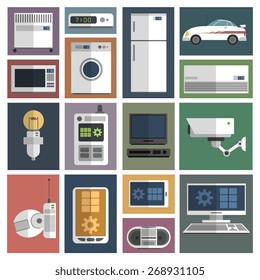 Internet of things computer heating and security camera remote control icons set flat abstract isolated vector illustration