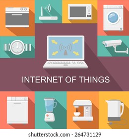 Internet of things computer remote  control flat icons composition poster abstract isolated vector illustration