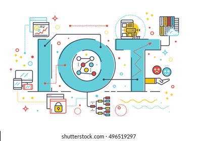 Internet of things, internet computer technology concept word lettering design illustration with line icons and ornaments in blue theme