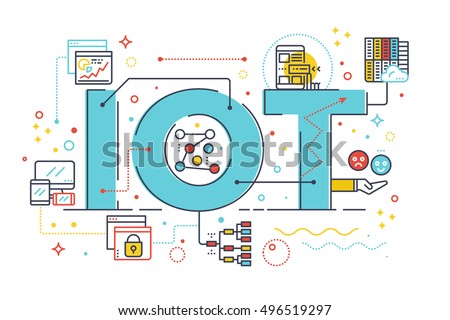 Internet of things, internet computer technology concept word lettering design illustration with line icons and ornaments in blue theme