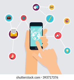 Internet of Things concept. Business icons. Hand holding a smartphone, revealing a net of wireless controlled devices. Business Control by smartphone. Vector flat illustration.