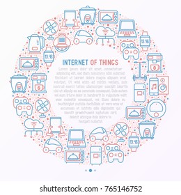 Internet of things concept in circle with thin line icons: laptop, smart watch, cloud computing technology, kettle, speaker, smart car, robot vacuum. Vector illustration for web page, print media.