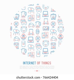 Internet of things concept in circle with thin line icons: laptop, smart watch, cloud computing technology, kettle, speaker, smart car, robot vacuum. Vector illustration for web page, print media.