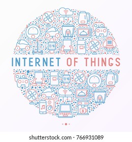 Internet of things concept in circle with thin line icons: laptop, smart watch, cloud computing technology, kettle, speaker, smart car, robot vacuum. Vector illustration for web page, print media.