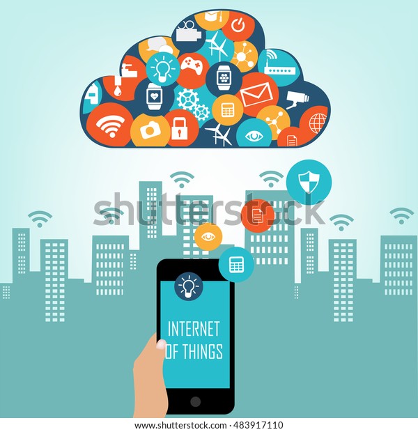 Internet of things concept and Cloud computing\
technology  with different icon and elements. Internet of things\
cloud with apps.