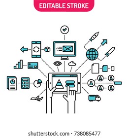 Internet of things concept. Connected on mobile device. Online shopping Design, business support providing solution, online client service assistance. Modern illustration in linear style infographics.